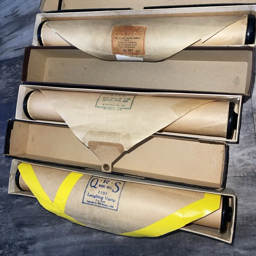 Antique QRS Player Piano Word Rolls Lot of 22 All Original Boxes Labeled As Is